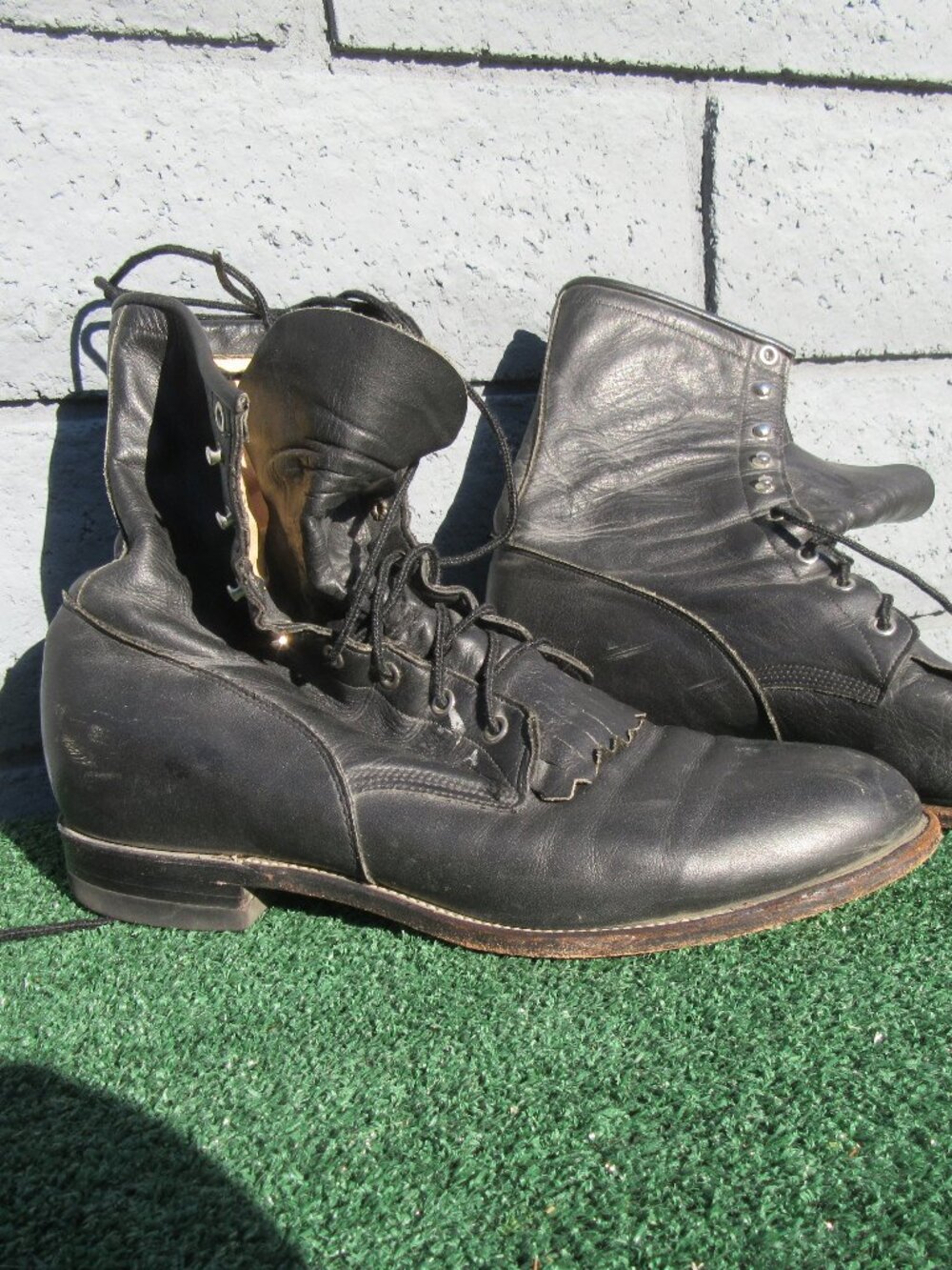 Vintage Justin Boots Black Leather Kiltie Combat Boots Men's Size 12D
